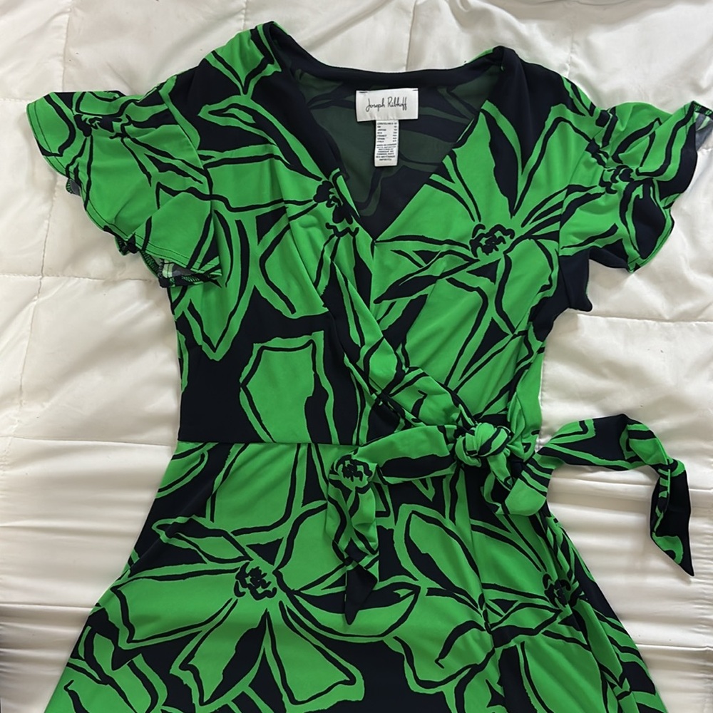 Joseph Ribkoff Floral Wrap Dress US 10 UK 12 Green Navy Midi Slit Vacation Soft - Picture 4 of 15